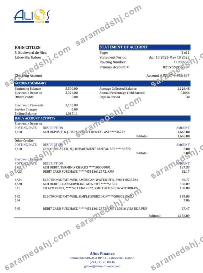 Gabon Alios Finance bank statement